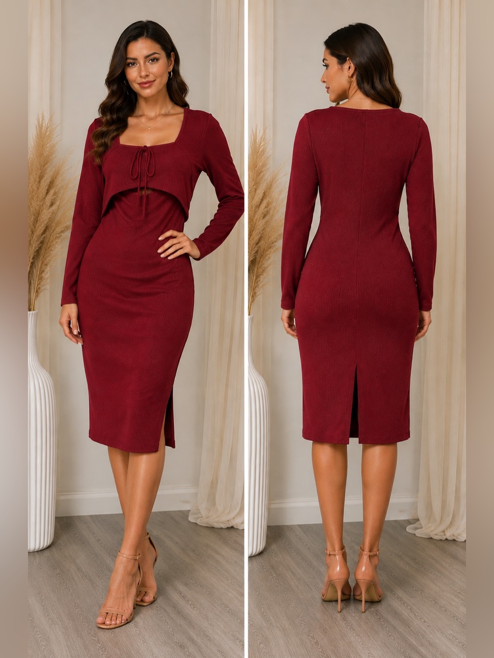 Seta T Burgundy Ribbed Cutout Long Sleeve Midi Dress Size M NWT